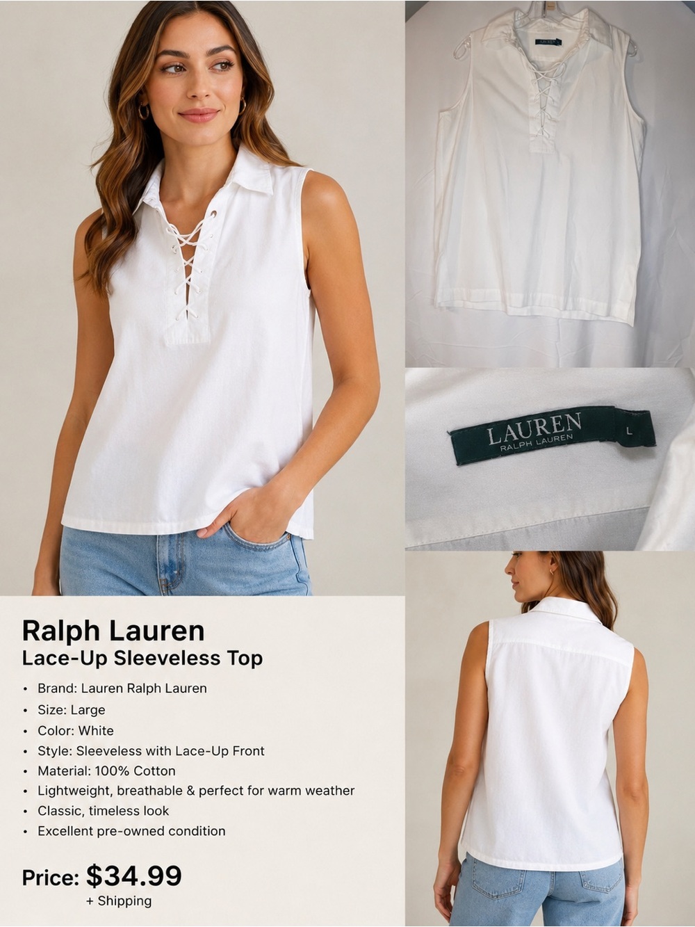 Ralph Lauren White Lace-Up Sleeveless Polo Tank